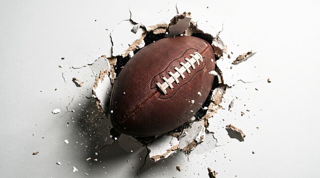 American football ball bursting through a white wall surface concept with football american breaking destruction
