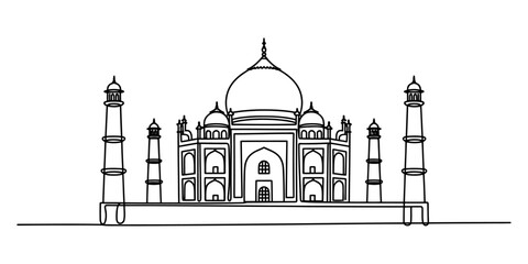 Simple black and white line drawing of the taj mahal monument in india showing the iconic dome and minarets in a clean graphic illustration style © Surjo Stocker_2026