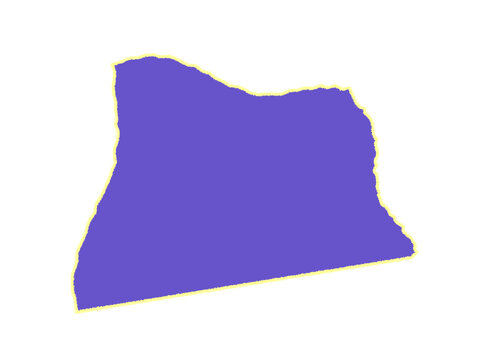 Purple silhouette of the state of oregon with a thin yellow border outline