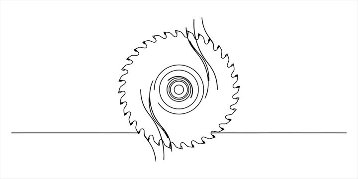 Circular saw blade icon with sharp teeth and swirl motion lines for industrial woodworking and construction tools design
