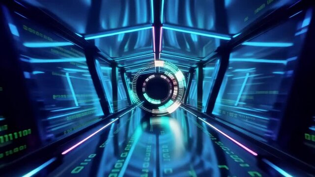 Flying through a futuristic neon cyber tunnel with digital data streams
