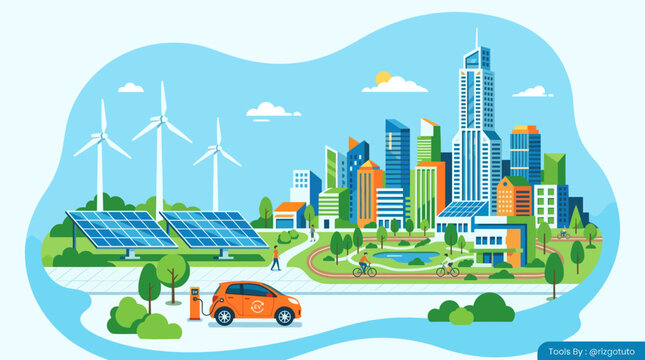 Eco friendly city with renewable energy infrastructure.
