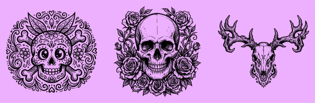 Sugar skull designs with flowers and purple background