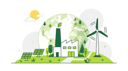 Sustainable factory building with wind turbine and plants. © gacor