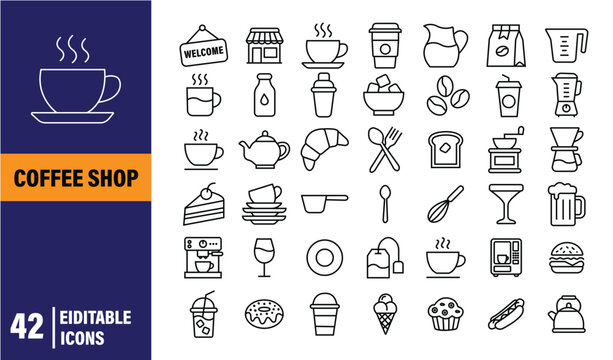 Coffee shop and bakery icon set with cups pastries and cafe equipment. Contain icons related to coffee, drink, beverage, Coffee maker, coffee house, coffee shop elements, and more. Editable stroke. 