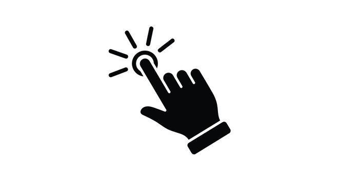 Hand pressing a button with radiating lines a black silhouette on a white background finger push touch interaction