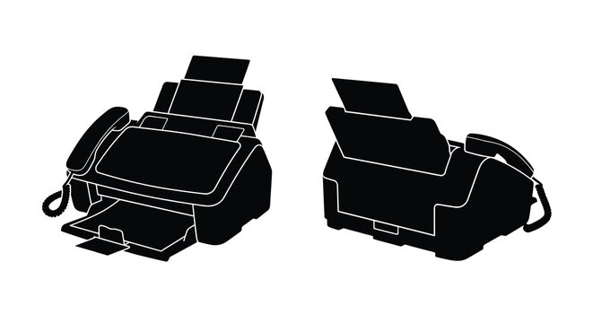 Two black silhouettes of fax machines with open paper trays against a white background silhouette machine office equipment