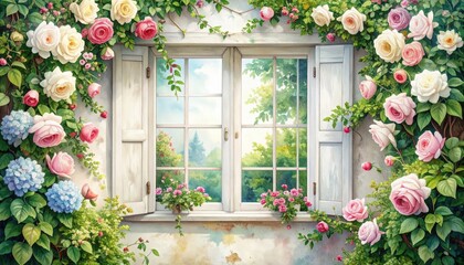 Fototapeta premium Enchanting Antique Floral Window Frame overlooking a Sunny Spring Garden surrounded by Lush Blooming Roses and Ivy Green Vines