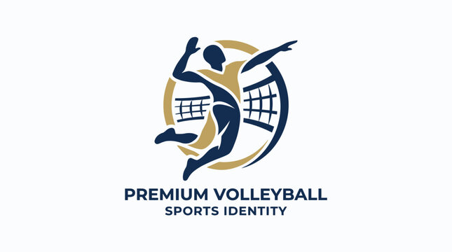 Create a luxurious volleyball sports emblem logo featuring a letter A symbol with a dynamic player in action on a court with a net.