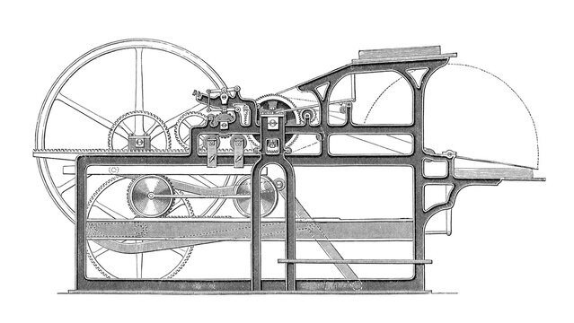 Printing press side schematic with gears and levers, old vintage illustration, 1897.