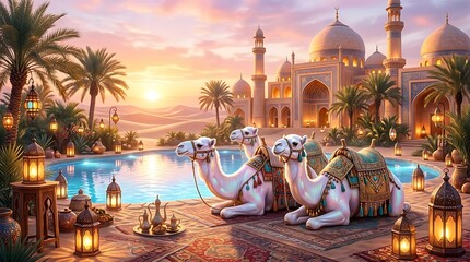 Fototapeta premium Camels resting by luxurious pool with mosque at sunset