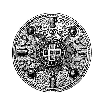Fibula from Tuttlingen (5th century) with geometric patterns and symbolic engravings, old vintage illustration, 1897.