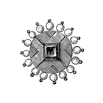 Italian hat agraffe (14th century) with symmetrical circular pattern and central geometric motif, old vintage illustration, 1897.