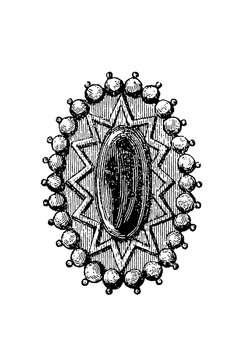 Italian hat agraffe (15th century) with radial patterns and bead-like details, old vintage illustration, 1897.