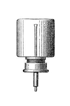 Drip-feed lubricator with cylindrical reservoir and drip mechanism, old vintage illustration, 1897.