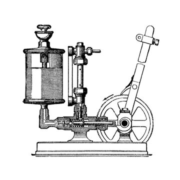 Mechanical lubricator with lever and ratchet wheel, old vintage illustration, 1897.