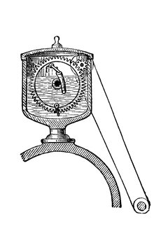Mechanical lubricator with cylindrical housing, internal gears, and curved base, old vintage illustration, 1897.