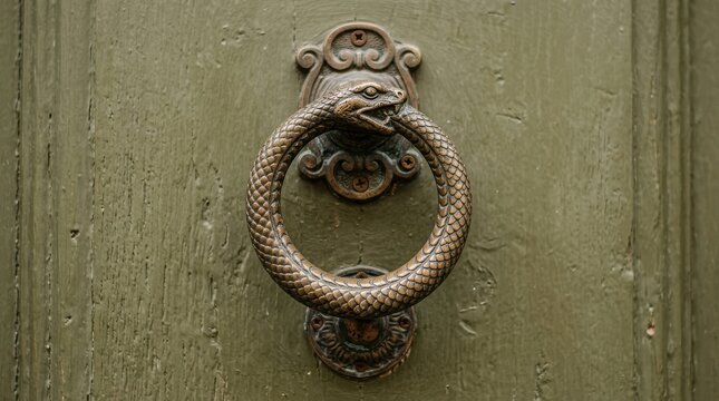 Bronze ouroboros snake door knocker mounted on a weathered olive green wooden door surface