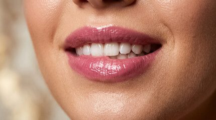 Obraz premium Close up portrait of a woman with glossy pink lipstick biting her lower lip showing perfect white straight healthy teeth