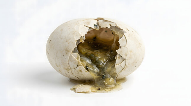 Cracked Reptile Egg Hatching with Visible Embryo Developing Inside on a Clean White Studio Background