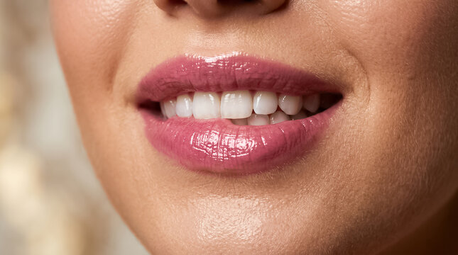 Close up portrait of a woman with glossy pink lipstick biting her lower lip showing perfect white straight healthy teeth