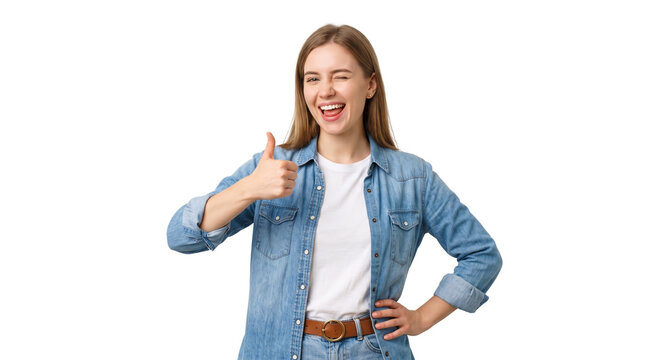 Young woman winks, smiles, gives thumbs-up, showing approval on white background.