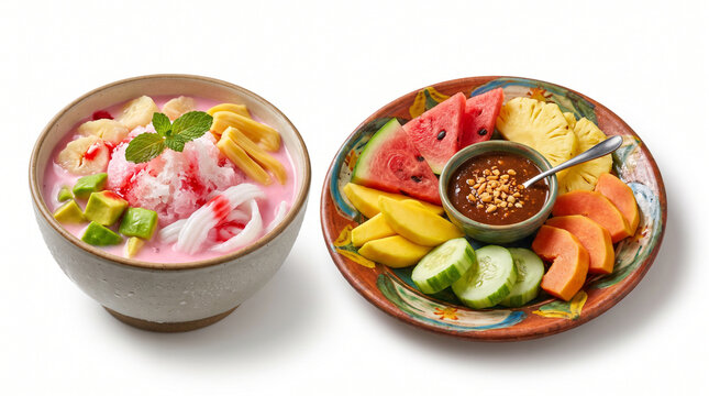 Colorful Es Doger and tropical fruit rujak arranged together on white background, highlighting Indonesian dessert and cuisine.