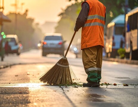 Street sweeper cleaning the road with a broom during golden hour sunset