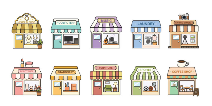Cute shop and storefront set illustration featuring jewelry shop, beauty shop, sports store and retail stores. 