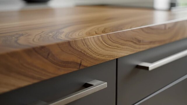 Close-up of a modern kitchen countertop made of solid wood, showcasing its natural grain and texture, with dark grey drawers and sleek metal handles visible below.