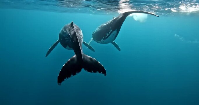 Two humpback whales swimming together in clear blue ocean water underwater.
