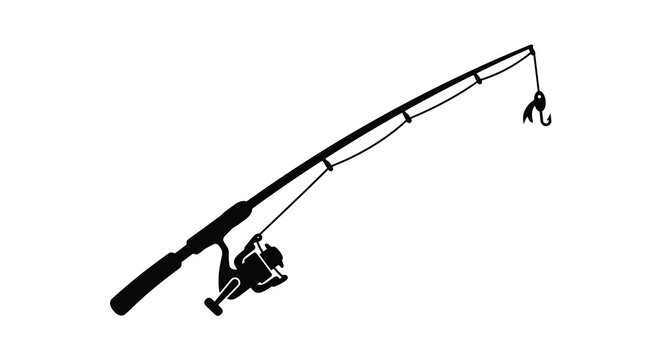 Fishing rod with reel and hook presented as a black silhouette against a white background silhouette angling bait