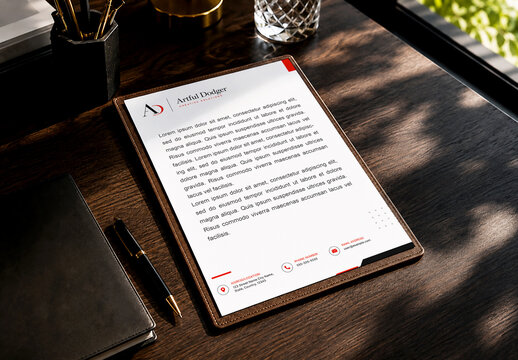 Professional Corporate Letterhead Mockup on Wooden Desk