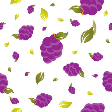 Purple Blackberry Mulberry Seamless Pattern with Lime Green Leaves on White, Fresh Berry Flat Illustration