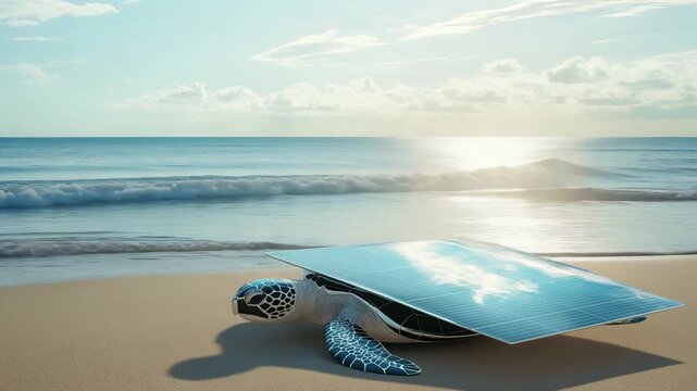 A turtle with a solar panel on its back crawls along the sandy beach next to the ocean during the afternoon hours