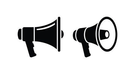 Two handheld megaphone silhouettes in a flat black graphic style on a white background silhouette megaphones speaker speakers © Sumon