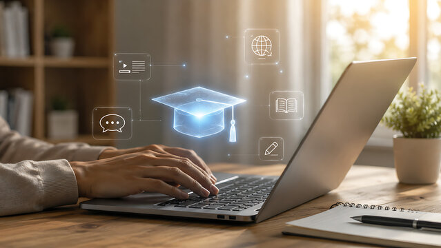 Online education technology concept with laptop user and glowing graduation cap icons, e learning, digital classroom, remote study and academic learning background.