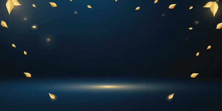 Golden leaves falling on dark blue background with spotlight  serene natural scene
