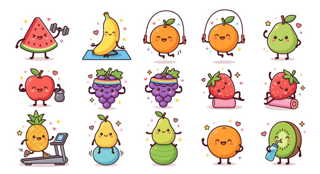 Gym and fitness themed fruit character stickers