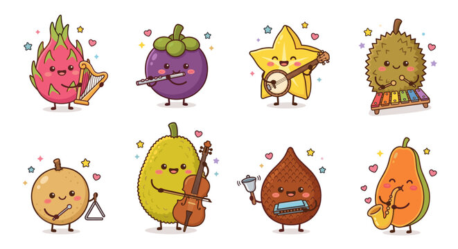 Kawaii fruit musicians playing various musical instruments