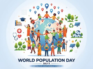 Fototapeta premium Colorful world population day illustration with diverse people holding hands around globe and sustainability icons