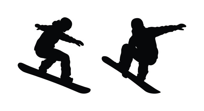 Two snowboarders in dynamic poses captured as a black silhouette against a white background silhouette snowboarder snowboarding snowboard
