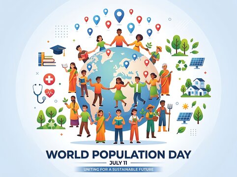Colorful world population day illustration with diverse people holding hands around globe and sustainability icons