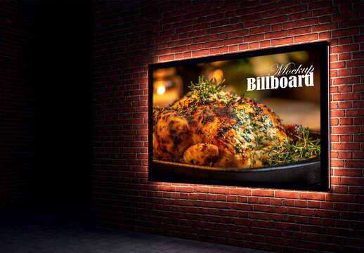 Restaurant billboard mockup on brick wall at night
