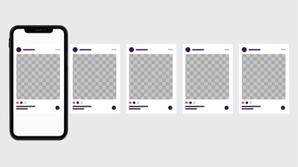 Minimalist smartphone mockup with carousel social media posts, mobile phone interface with photo frames, digital marketing vector template © afif