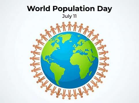 Colorful world population day illustration with people holding hands around earth globe celebration