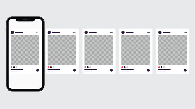 Minimalist smartphone mockup with carousel social media posts, mobile phone interface with photo frames, digital marketing vector template