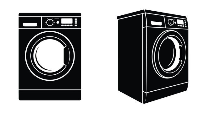 Two washing machine silhouettes with control panels and circular doors black on white silhouette washer washingmachine laundry appliances