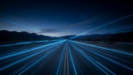 Obraz premium A glowing golden light streaks down a deserted highway at dusk.