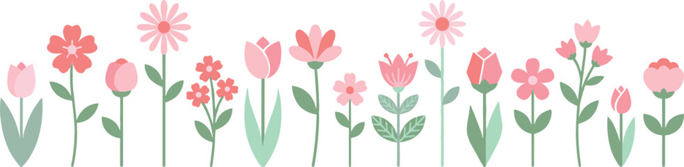 Fototapeta premium Flat Floral Border Set with Pastel Pink Flowers and Green Leaves Vector Illustration for Spring Greeting Card Designs